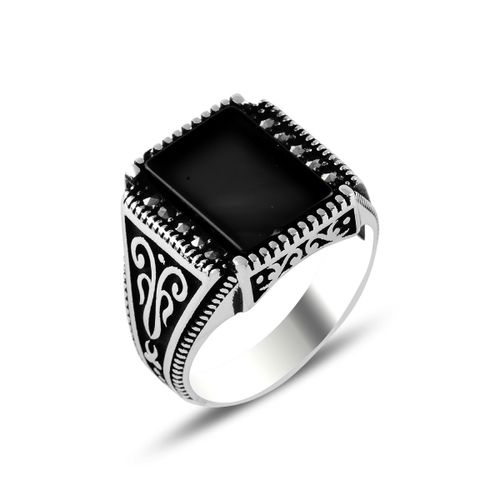OLIVIE Pánský stříbrný prsten ONYX 5702 