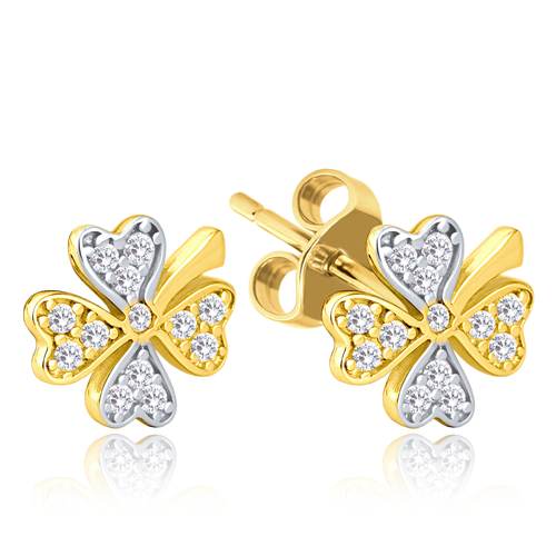 MINET Zlaté náušnice čtyřlístky s bílými zirkony Au 585/1000