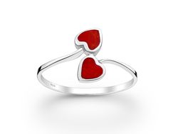 Prsten Červená Srdce stříbro 925